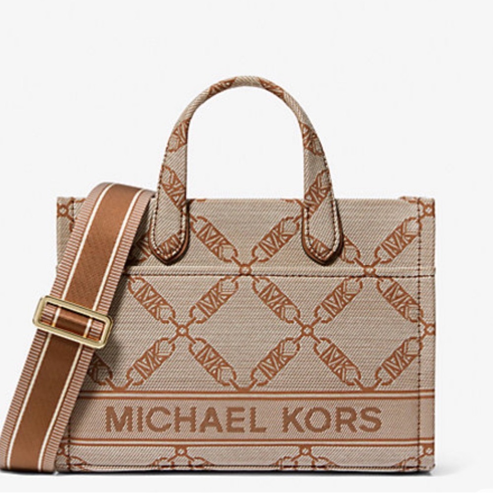 Michael Kors Gigi Small Empire Logo Jacquard Messenger Bag in natural luggage